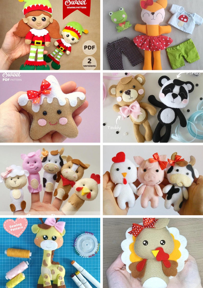 PDF Sewing Patterns Bundle Stuffed Toy Tutorials Felt Toys DIY Craft Kit Animal Patterns Rag Doll with Clothes Memory Teddy Bear Quiet Book image 7