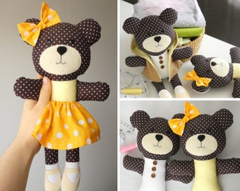 PDF Teddy Bear Sewing PATTERN & Tutorial - dress up doll, animal rag doll pattern, cloth doll pattern, easy bear pattern