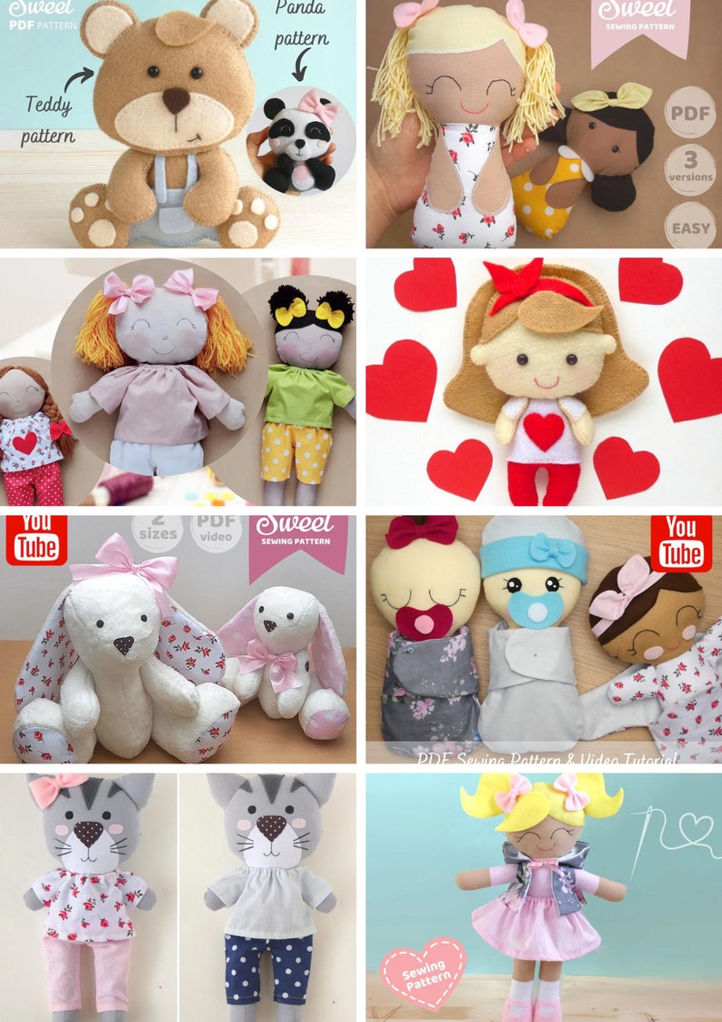 PDF Sewing Patterns Bundle Stuffed Toy Tutorials Felt Toys DIY Craft Kit Animal Patterns Rag Doll with Clothes Memory Teddy Bear Quiet Book image 6