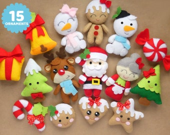 Set of 15 Christmas felt ornaments sewing PATTERN PDF & Tutorial - candy cane,  Santa and Mrs. Claus, Christmas tree, Snowman, plush toys