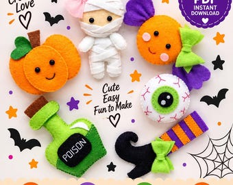 May include: A digital pattern and tutorial for Halloween felt toys featuring a mummy, pumpkin, candy, eyeball, poison bottle, and witch boot. The text reads HALLOWEEN FELT TOYS, PATTERN & TUTORIAL, PDF INSTANT DOWNLOAD, Sew Create Love, Cute Easy Fun to Make, and Handmade Happiness.