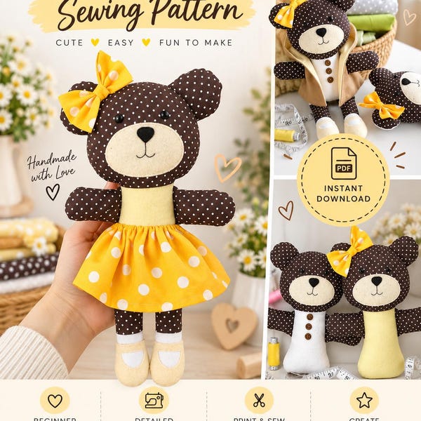 PDF Teddy Bear Sewing Pattern – Stuffed Animal Toy, Cloth Doll, Rag Doll Bear with Clothes – Easy Dress Up Bear Tutorial for Beginners