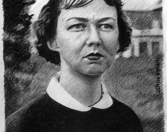 Flannery O'Connor 01 - limited, signed print of original charcoal drawing of photograph