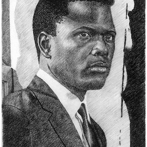 Sidney Poitier - limited, signed print of original charcoal drawing of photograph