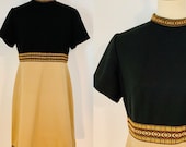 Black and Tan Polyester Mod Dress with Embroidered Trim Detail