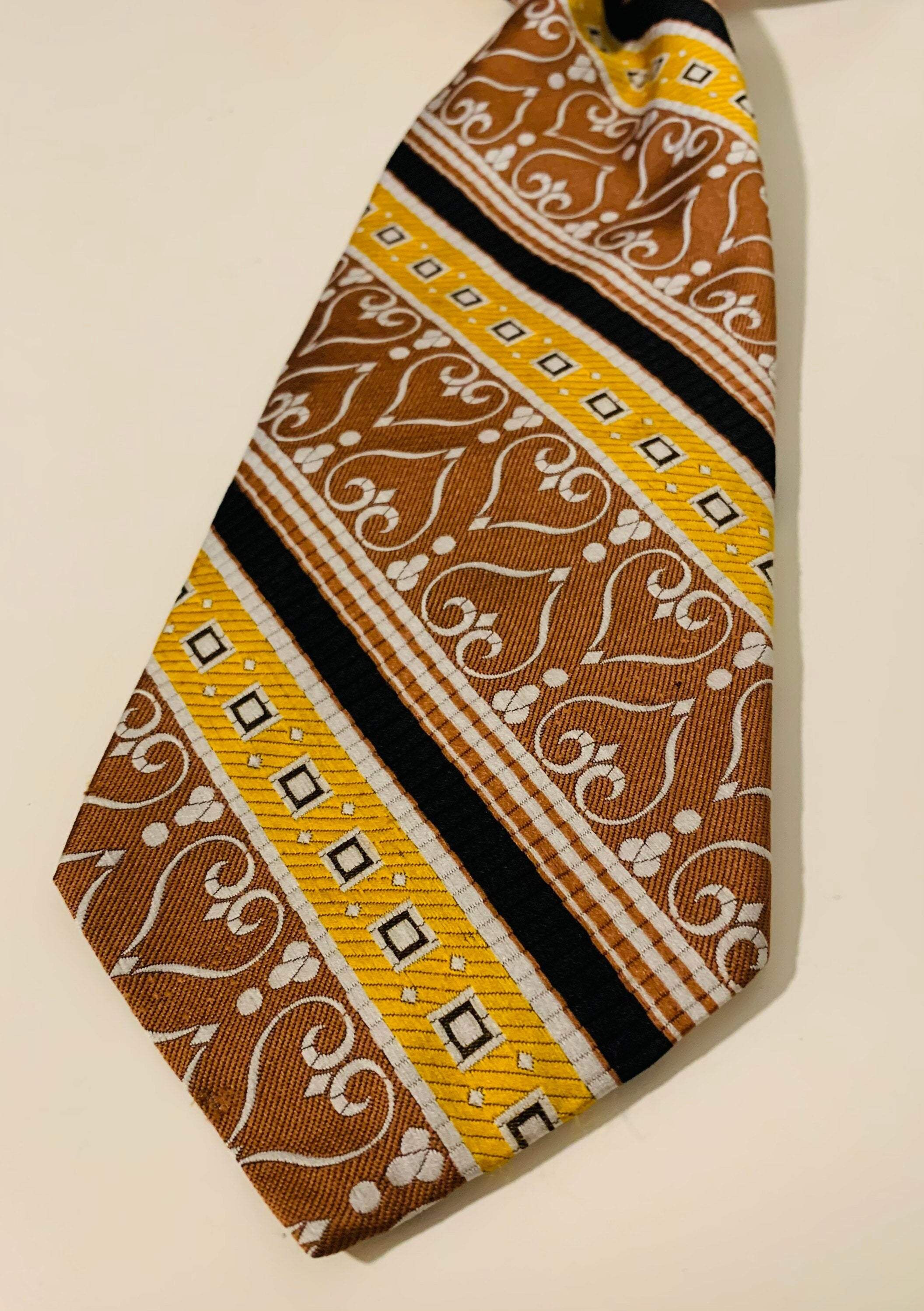 Vintage Brown and Yellow Stripe Polyester Tie by Mr John Beau | Etsy