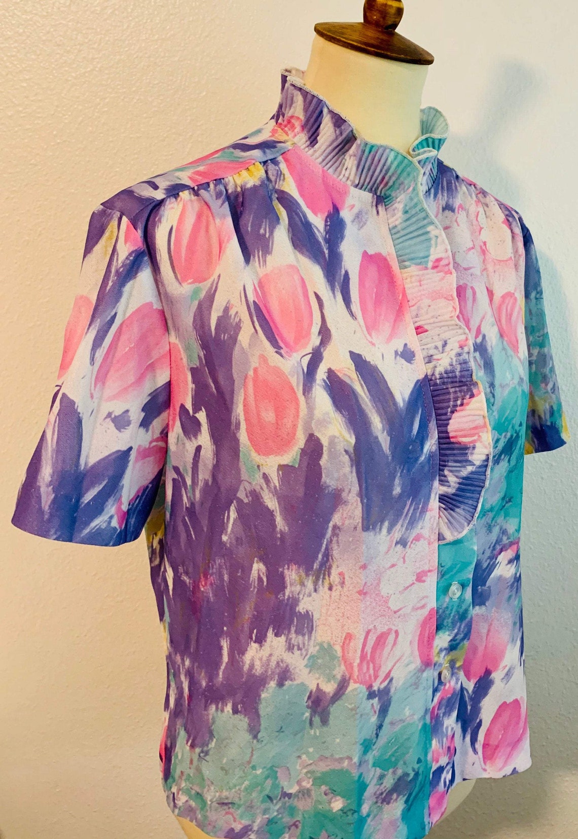 Graff 90s Sheer Abstract Water Color Floral Ruffle Blouse | Etsy