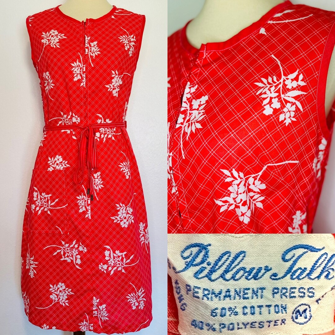 60s Red Floral Zip up Sleeveless House Dress by Pillow Talk Etsy