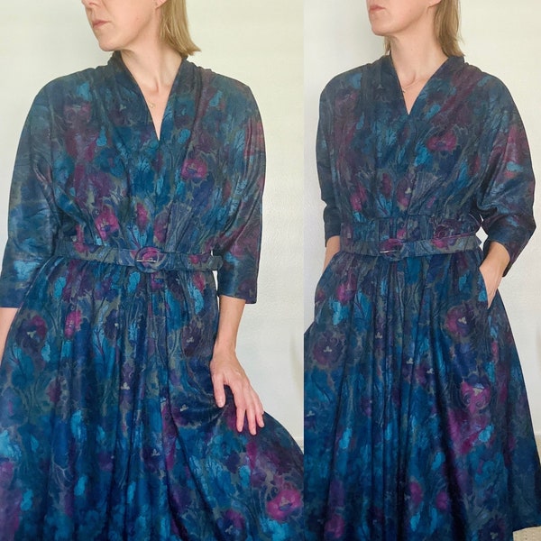Vintage 80s Velvety Purple and Blue Floral Dress by Willi