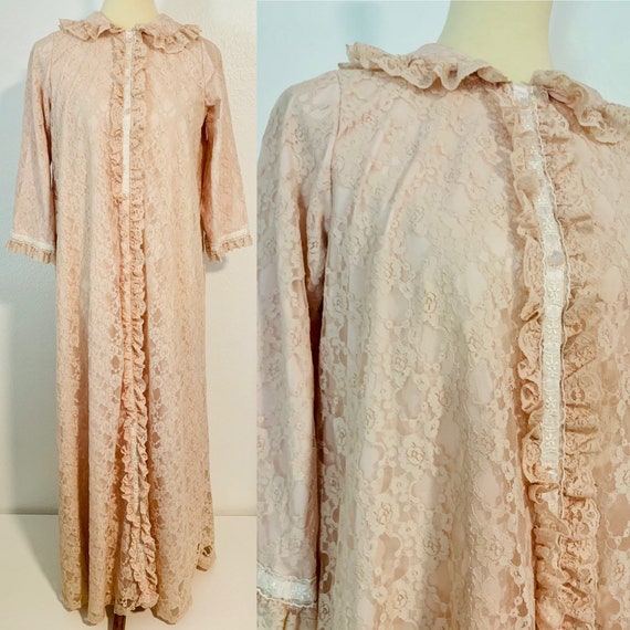 Vintage 60s Miss Elaine Lace Pale Pink House Coat