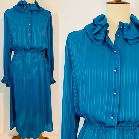 Vintage Blue Sakowitz Ruffle Striped Dress