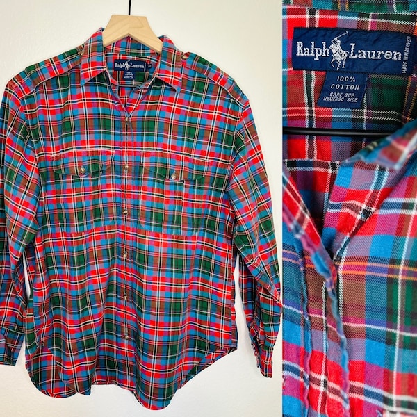 Vintage 90s Ralph Lauren Flannel Red Plaid Shirt with Shoulder Straps and Pockets