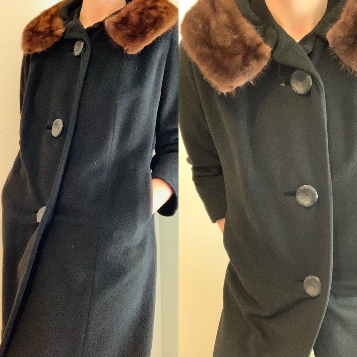 Vintage Black Neiman Marcus Coat with Brown Fur Collar Size | Etsy