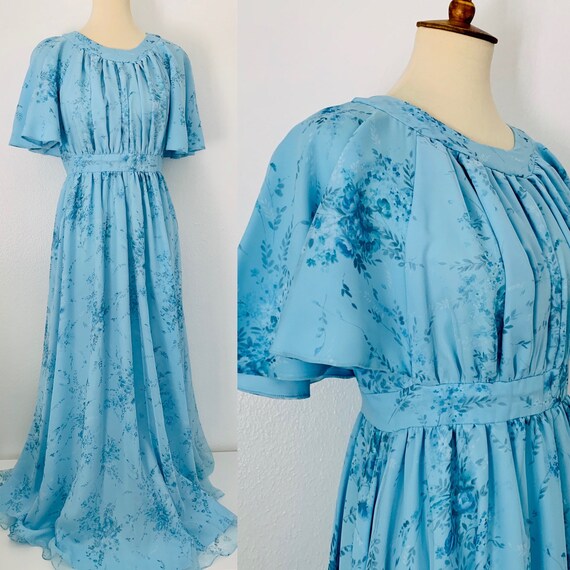 Vintage Blue Floral Chiffon Floor Length Gown Dres