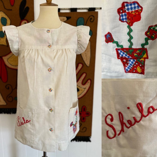 Vintage 70s Handmade Linen Ruffle Sleeve Sheila Flowerpot Blouse