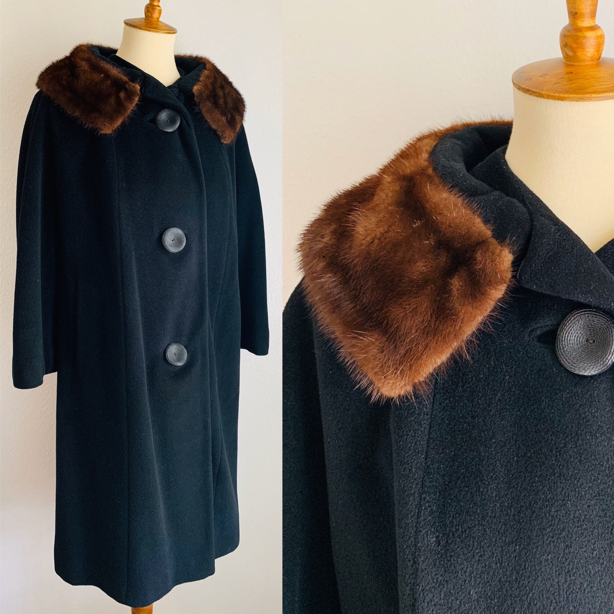 Vintage Black Neiman Marcus Coat with Brown Fur Collar Size | Etsy