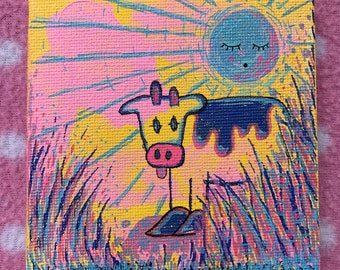 Sunny Cow tiny painting acrylic on canvas 4inx4in