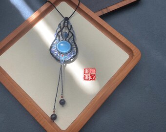 Aquamarijn macrame ketting, aquamarijn macrame ketting,