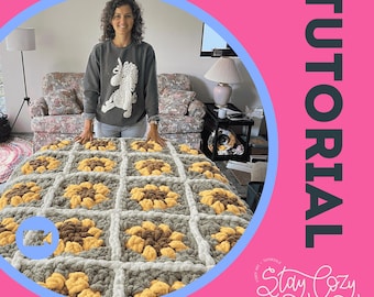 Tutorial e padrão do quadrado da vovó com girassol grosso | Fio Chenille | Crochê à mão | Vídeo + PDF