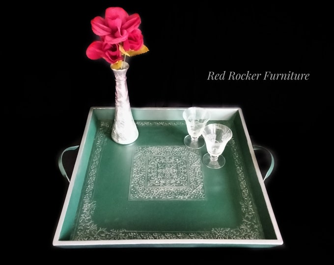 Antique Wooden Serving Tray With Handles, Sturdy Painted Tray With