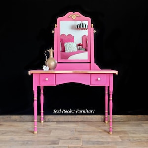 Vintage Vanity with Storage, Pink Vanity with Mirror, Sturdy Girls Vanity, Antique Dressing Table, Make Up Table with Mirror, Swivel  Mirror
