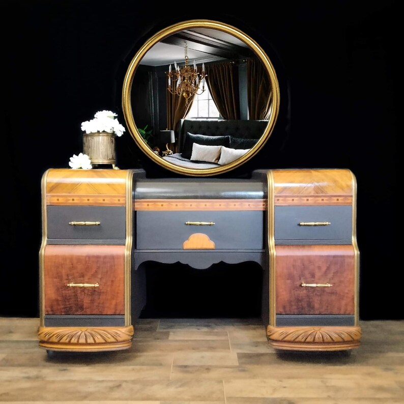 Art Deco Vanity Without Mirror, Vintage Vanity Stained, Dressing Table