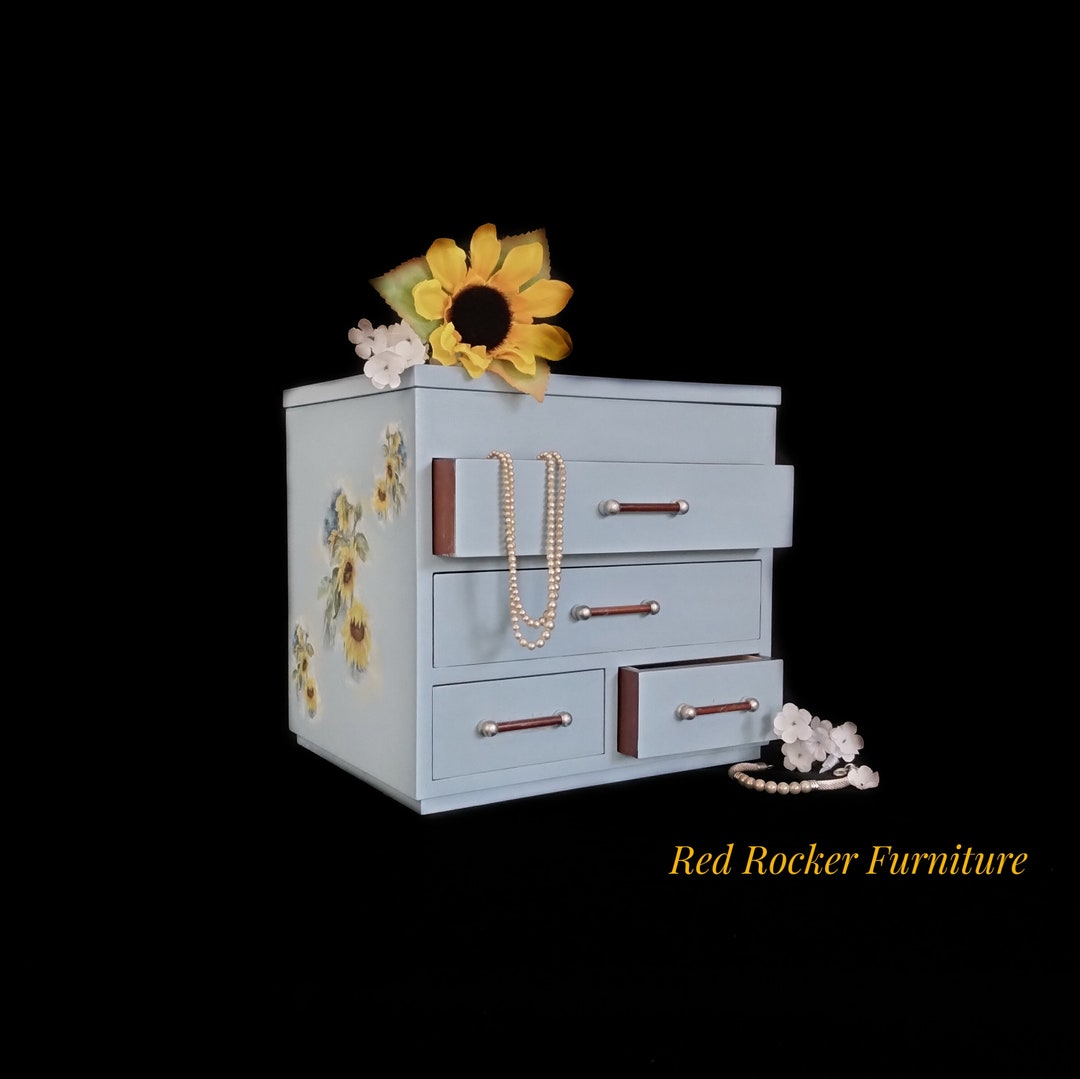 Pastel Blue Jewelry Box, Decoupaged Jewelry Chest, Heavy Wood Jewelry