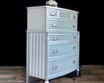 Tall  5 Drawer Dresser,  Painted Highboy, Vintage Upright Chest of Drawers, Sturdy Dresser on Legs, Chest with Five Drawers, Striped Chest