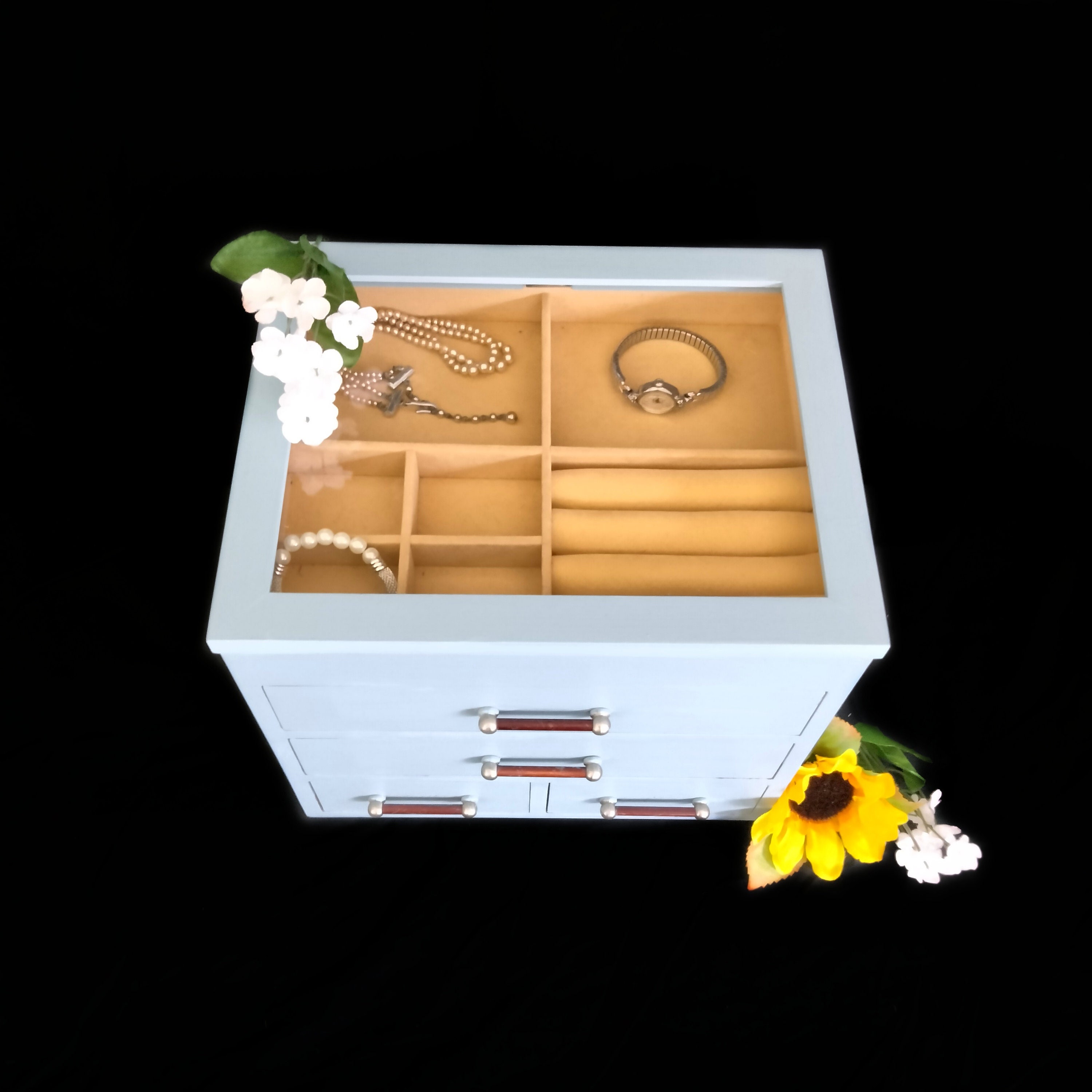 Pastel Blue Jewelry Box, Decoupaged Jewelry Chest, Heavy Wood Jewelry