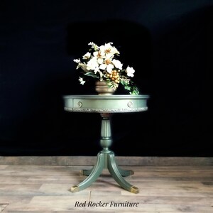 Lane Round Pedestal Table: Metallic Green Accent Table with Storage