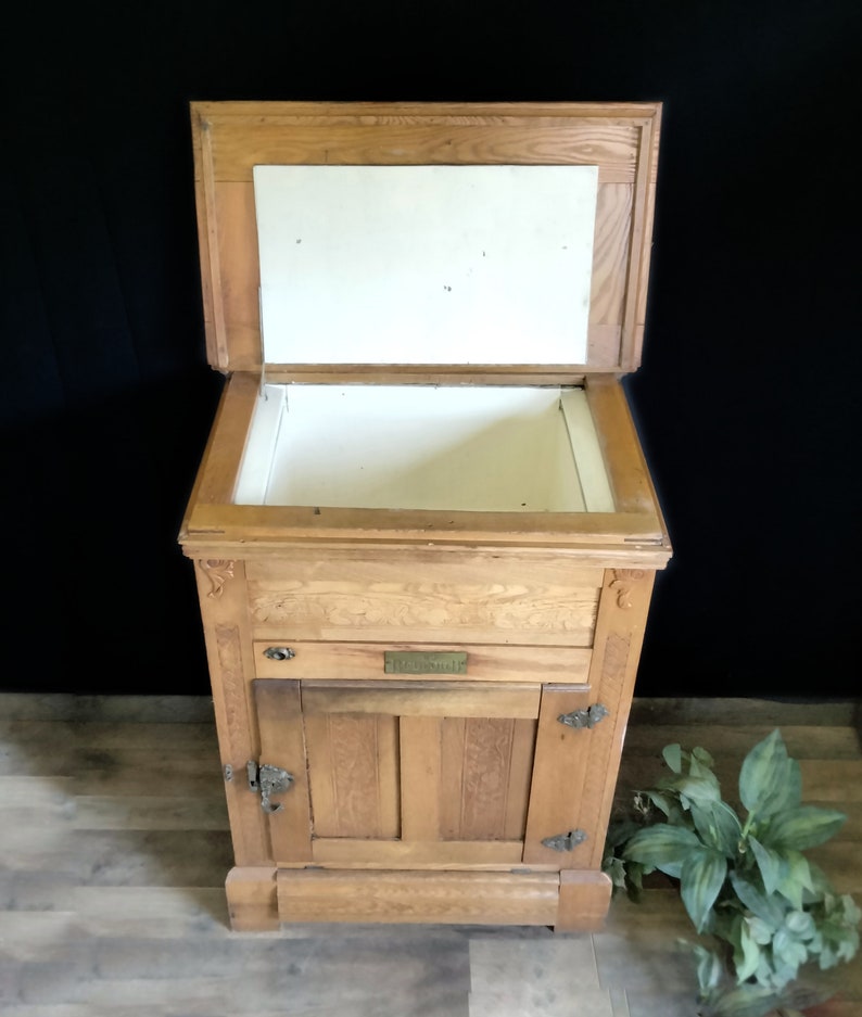 Antique Ice Box , Original Oak Ice Chest, Vintage Ice Box With Tin