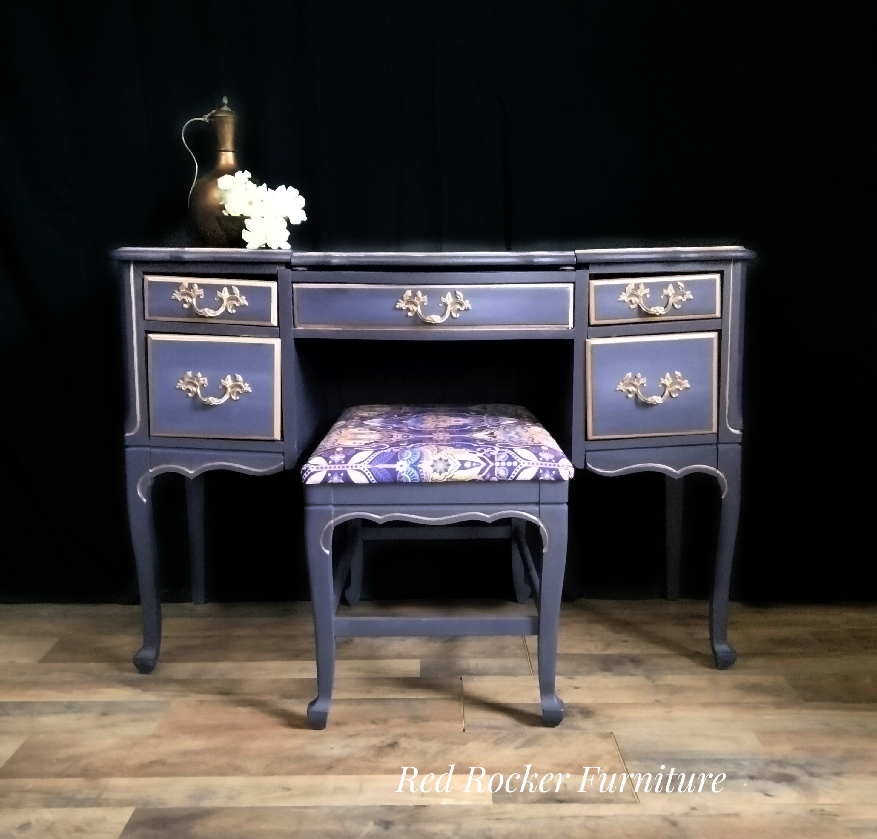 French Provincial Vanity, Purple Vanity and Bench, Vintage Vanity With