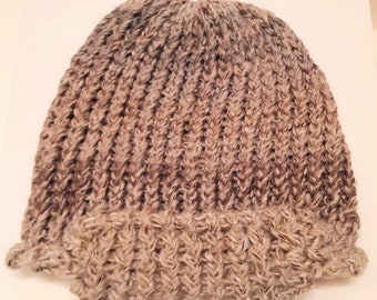 Handmade Knit Beanie, Wool Blend, Tan Brown Cream, Adult Teen