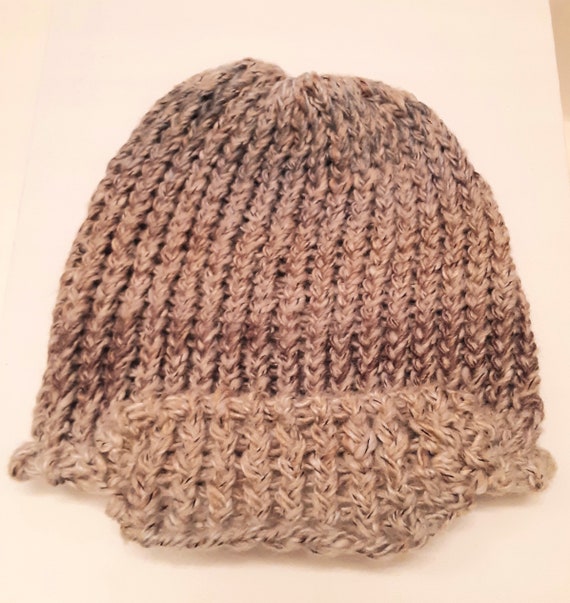 Handmade Knit Beanie, Wool Blend, Tan Brown Cream, Adult 