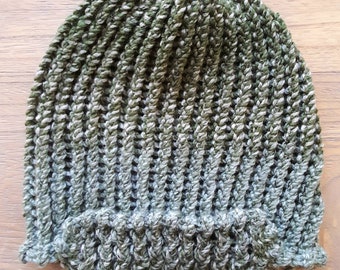 Handmade Beanie, Knit Hat - Moss Green - soft and warm adult beanie with bill one of a kind, unique beanie