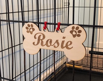 Personalized Pet Crate Name Tag - Dog Bone With Heart Paws