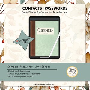 Digital Contacts & Passwords Tracker: Hyperlinked iPad Planner (Goodnotes, Notability) (Digital Download)
