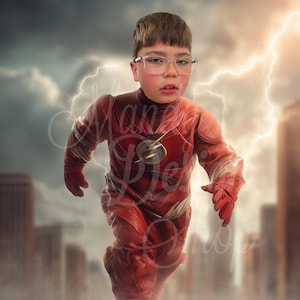 May include: A child in a red superhero costume with a lightning bolt emblem on the chest, running forward. The costume includes gloves and a mask. The background features a cityscape with lightning and a cloudy sky.