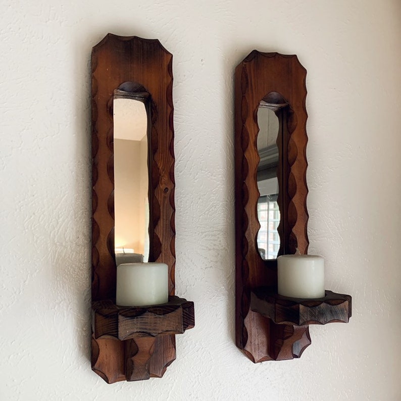 Wood Mirror Wall Candle Sconces Carved Sconce Scalloped Edge