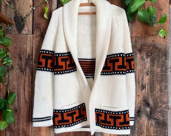 Vintage 70s Robe Style Shawl Collar Knit Sweater size L