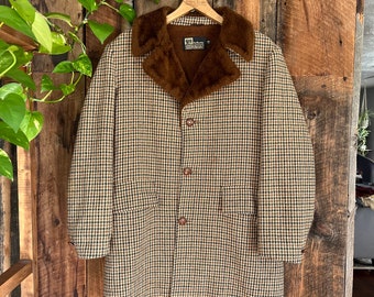 Vintage 70s Houndstooth Sherpa Lined Marlboro Rancher winter coat size L/XL