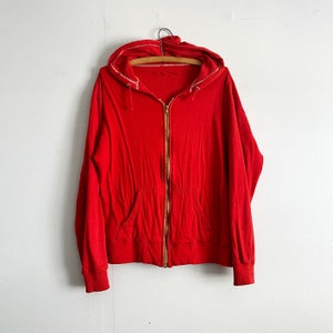 Vintage 60s 70s Thermal Lined Zip Up Red Hoody Hooded Sweatshirt distressed size L image 1