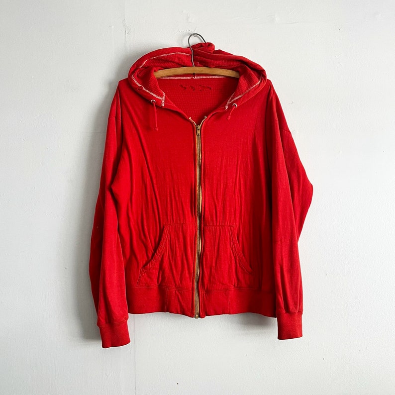 Vintage 60s 70s Thermal Lined Zip Up Red Hoody Hooded Sweatshirt distressed size L image 1