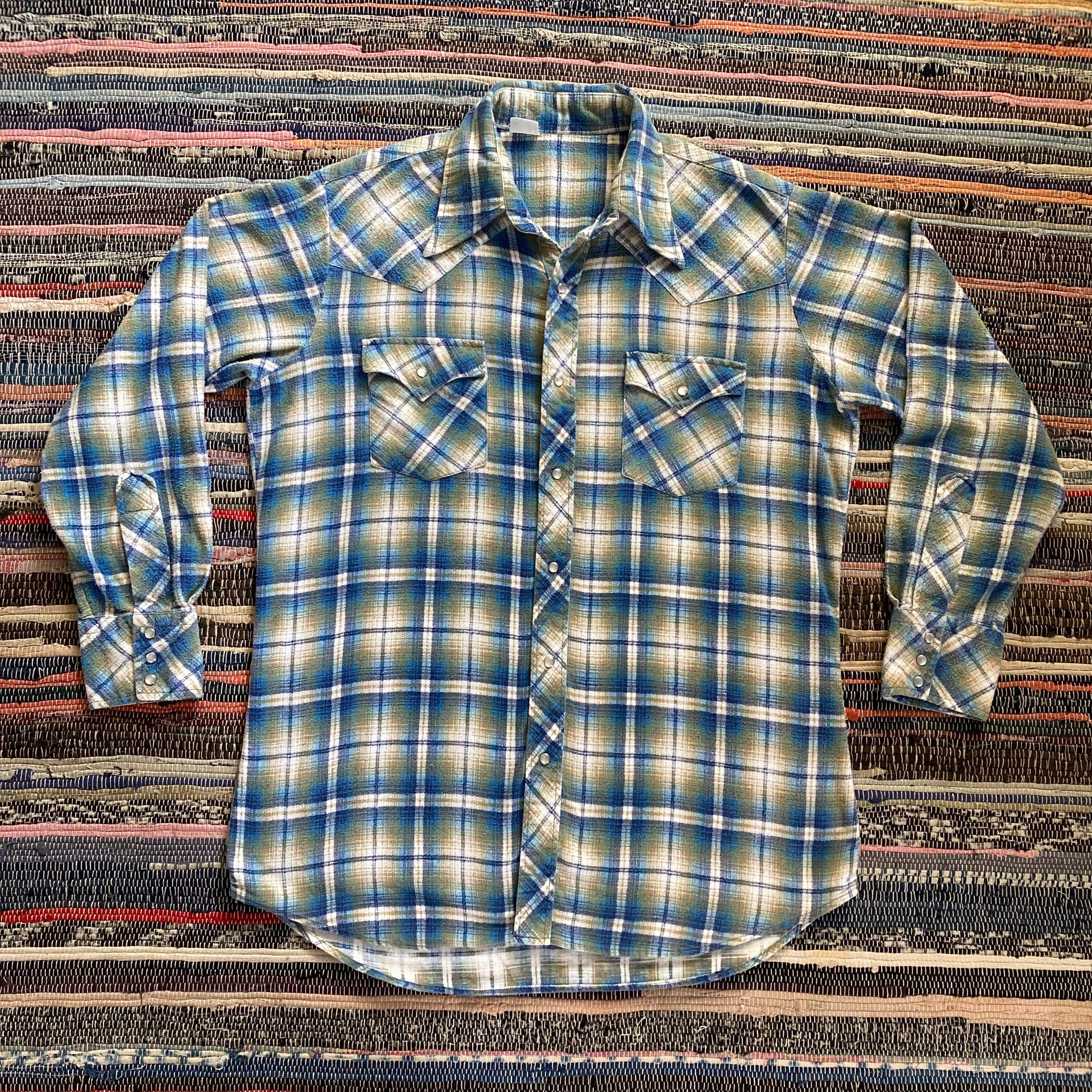 Vintage 70s Shadow Plaid Western Flannel Shirt: Pearl Snap, Size M 