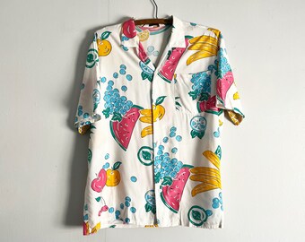 Vintage Rayon Fruit Print Button Up Party Shirt Size L