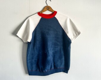 Vintage 60s Distressed Three Color Sweatshirt Shortsleeve Red White Blue Size M to L