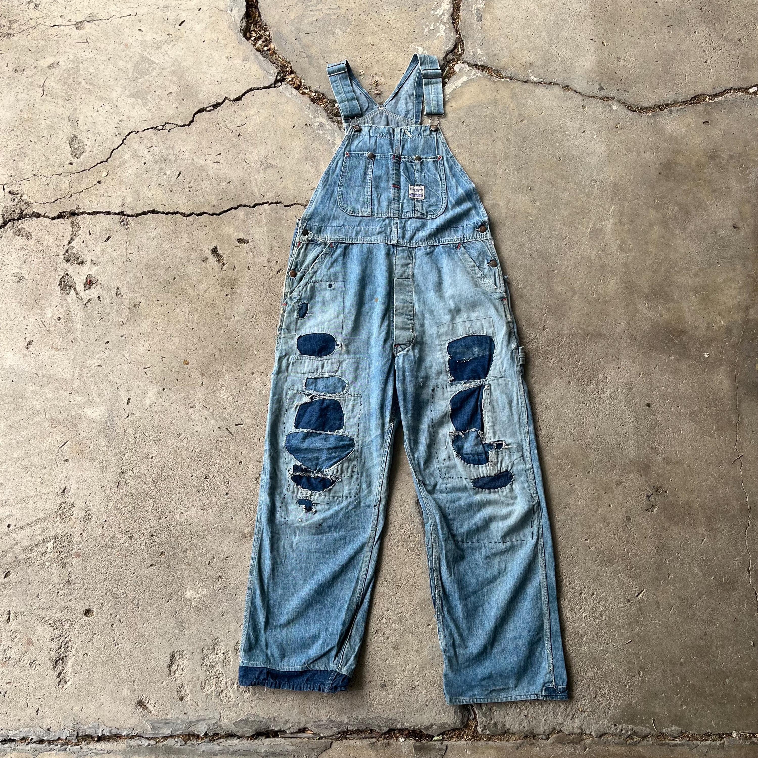 【DEAD】50s-60s MW POWRHOUSE DENIM OVERALL Vintage 50s Powrhouse Montgomery Ward Farm Worn Patched Overalls