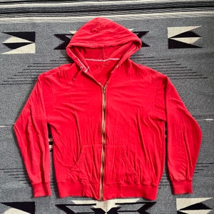 Vintage 60s 70s Thermal Lined Zip Up Red Hoody Hooded Sweatshirt distressed size L image 2