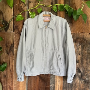 May include: A light gray jacket with a full zipper closure, two front pockets, and buttoned cuffs. The jacket is hanging on a wooden hanger against a wooden background. The jacket has a collar and a label.