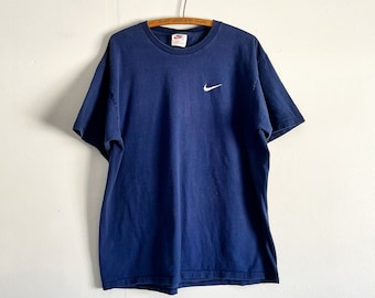 Vintage 90er Jahre Nike White Tag simple Swoosh Karo T Shirt Fased Blue Gr. L
